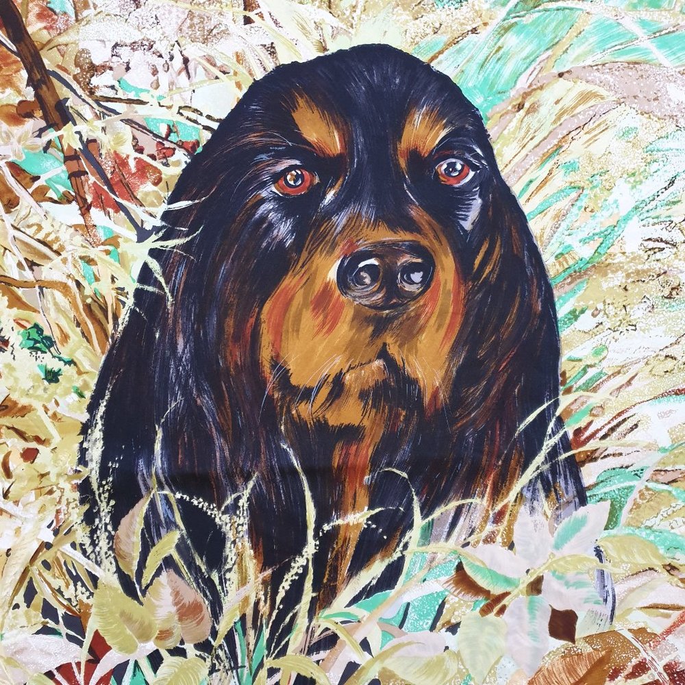 100% Silk Scarf with Dog Hound Francois Marot Paris France Square Women Vintage